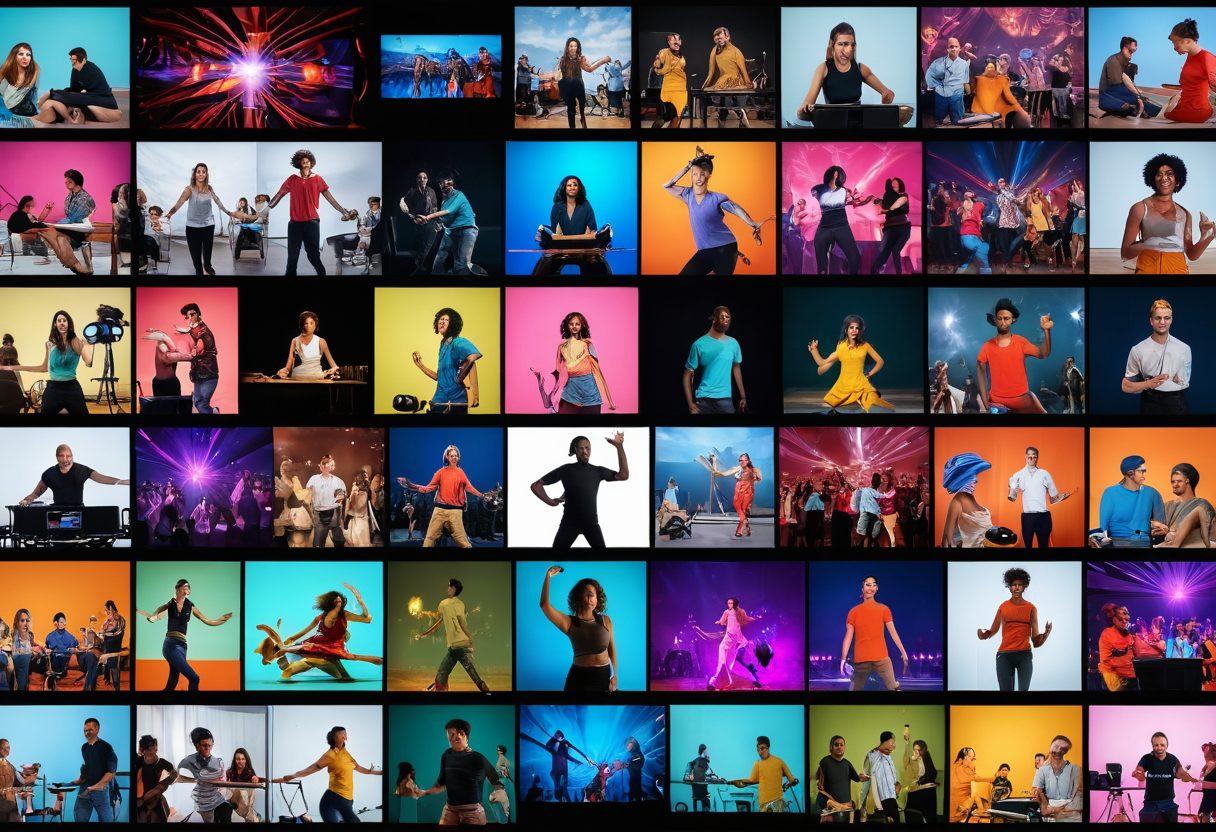 A vibrant collage of diverse webcam performers in an inviting digital setting, showcasing a range of activities from dance to art. Various screens depict free live shows, emphasizing the excitement of no-cost entertainment. Include elements of technology and connectivity, like glowing devices and people engaging online. The backdrop should be colorful and lively, inviting viewers to join in on the fun. digital art. vibrant colors. energetic atmosphere.