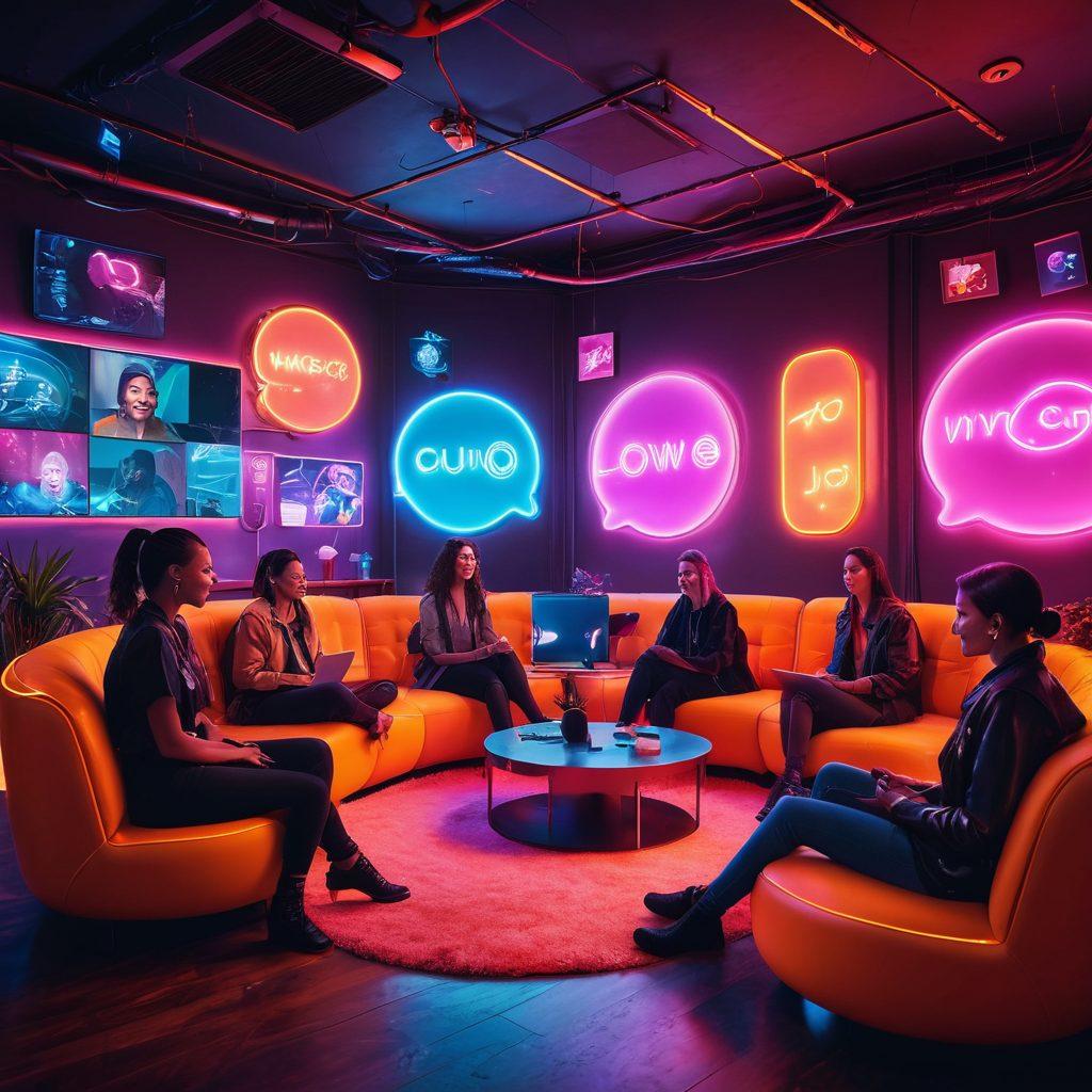 An inviting digital lounge filled with diverse people engaged in lively video chats, radiating warmth and excitement. The backdrop features stylized chat bubbles and neon lights symbolizing virtual connections. Subtle hints of technology like webcams and laptops incorporate a modern feel. Faces show joy and intrigue, representing the thrill of real-time interaction. vibrant colors. cyberpunk.